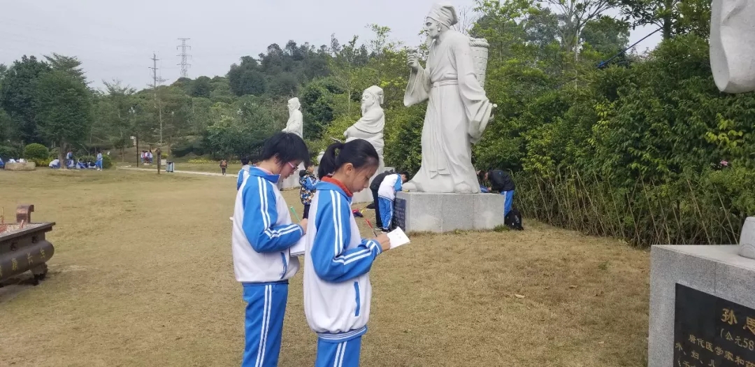 隊伍整修后，同學(xué)們開始自由參觀園區(qū)，并拿出研修手冊對感興趣的中醫(yī)藥文化知識行實踐或?qū)W習(xí)